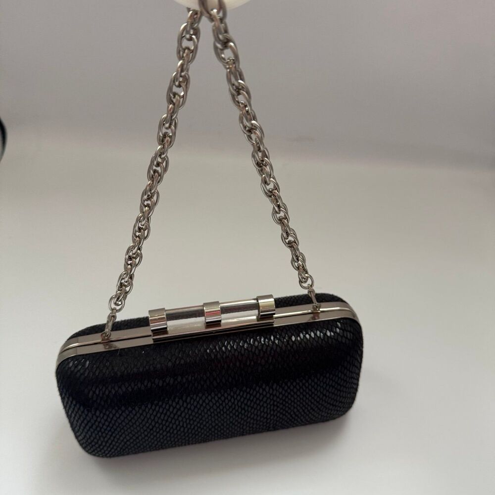 White House Black Market Black Snakeskin Print Box Clutch Purse Chain Strap